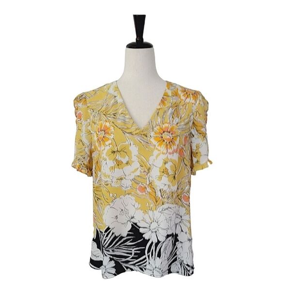 Daniel Rainn Yellow Floral V-neck Ruffle Sleeve Detail Chiffon Blouse Size M - Picture 1 of 9